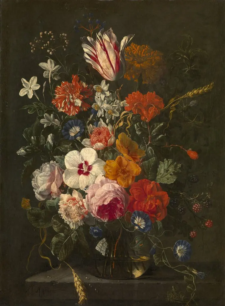 Flowers and a branch of berries in a glass vase on a stone ledge, by Abraham Mignon, oil