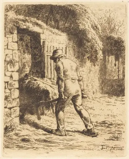 Man with Wheelbarrow (Le paysan rentrant du fumier), by Jean François Millet, ink, 1855