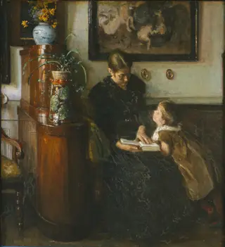 Moder skal læse. Kunstnerens hustru og barn, by Viggo Johansen, oil, 1897