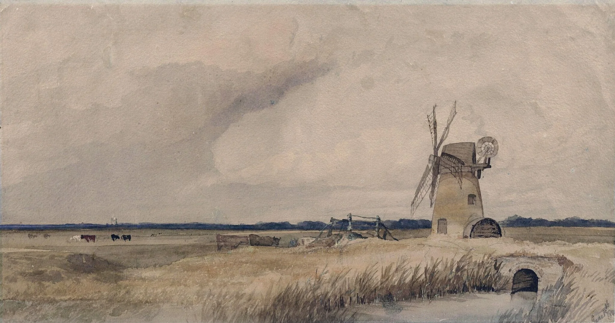 Landscape with windmill, stream and cattle, detail