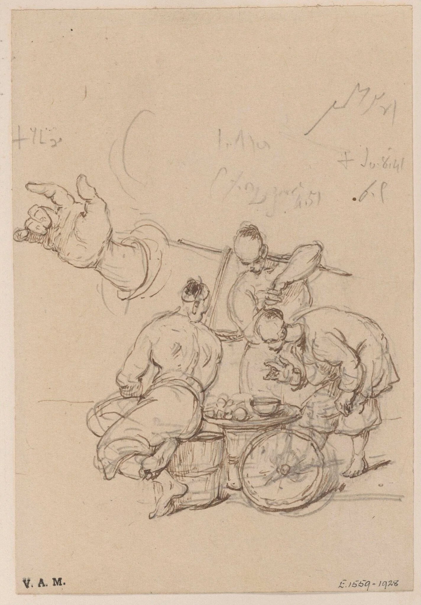 A group of three Chinese men, and a study of a hand, detail