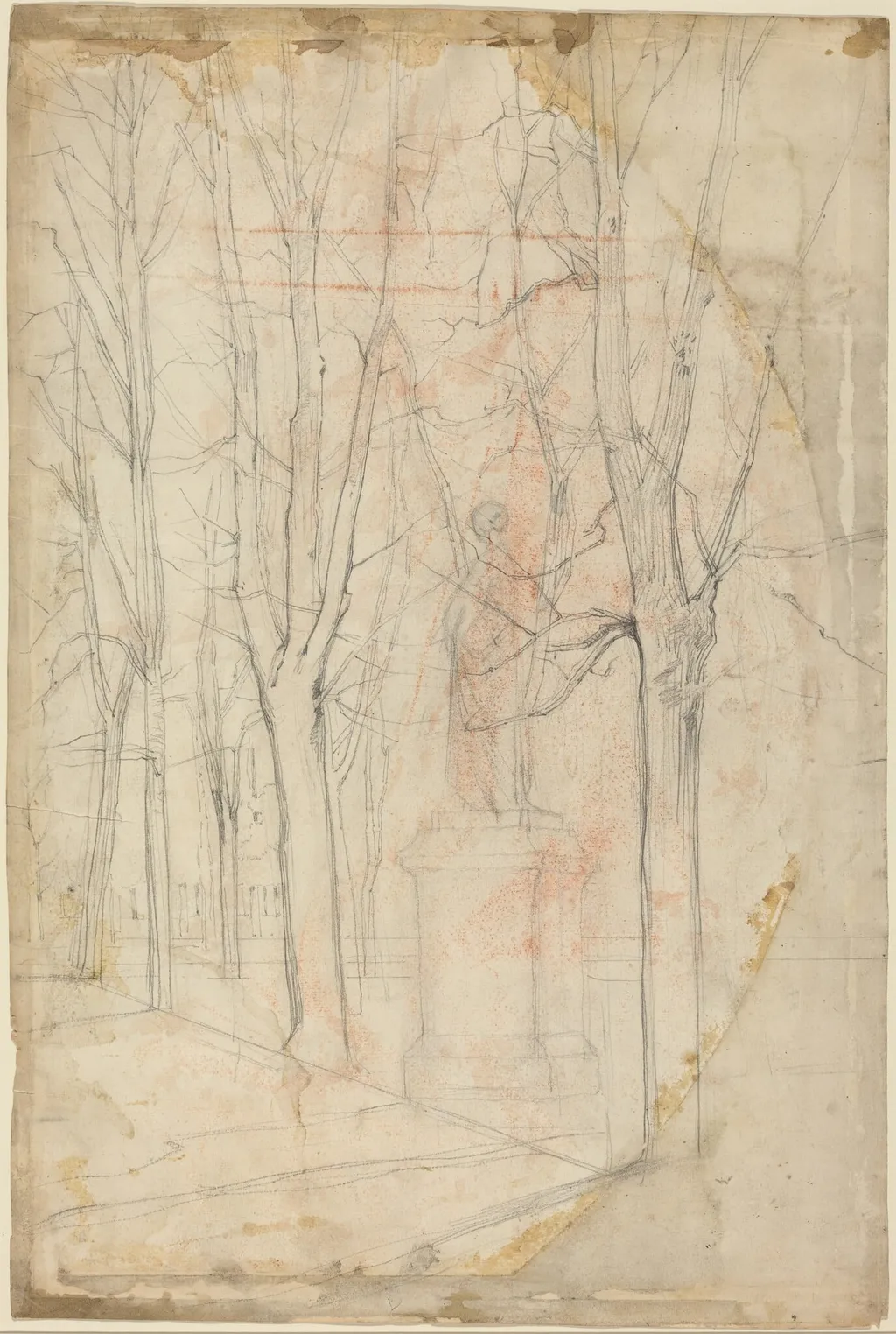 Sketch of Trees with a Statue on a Pedestal, by Félix-Hilaire Buhot, graphite, 1872