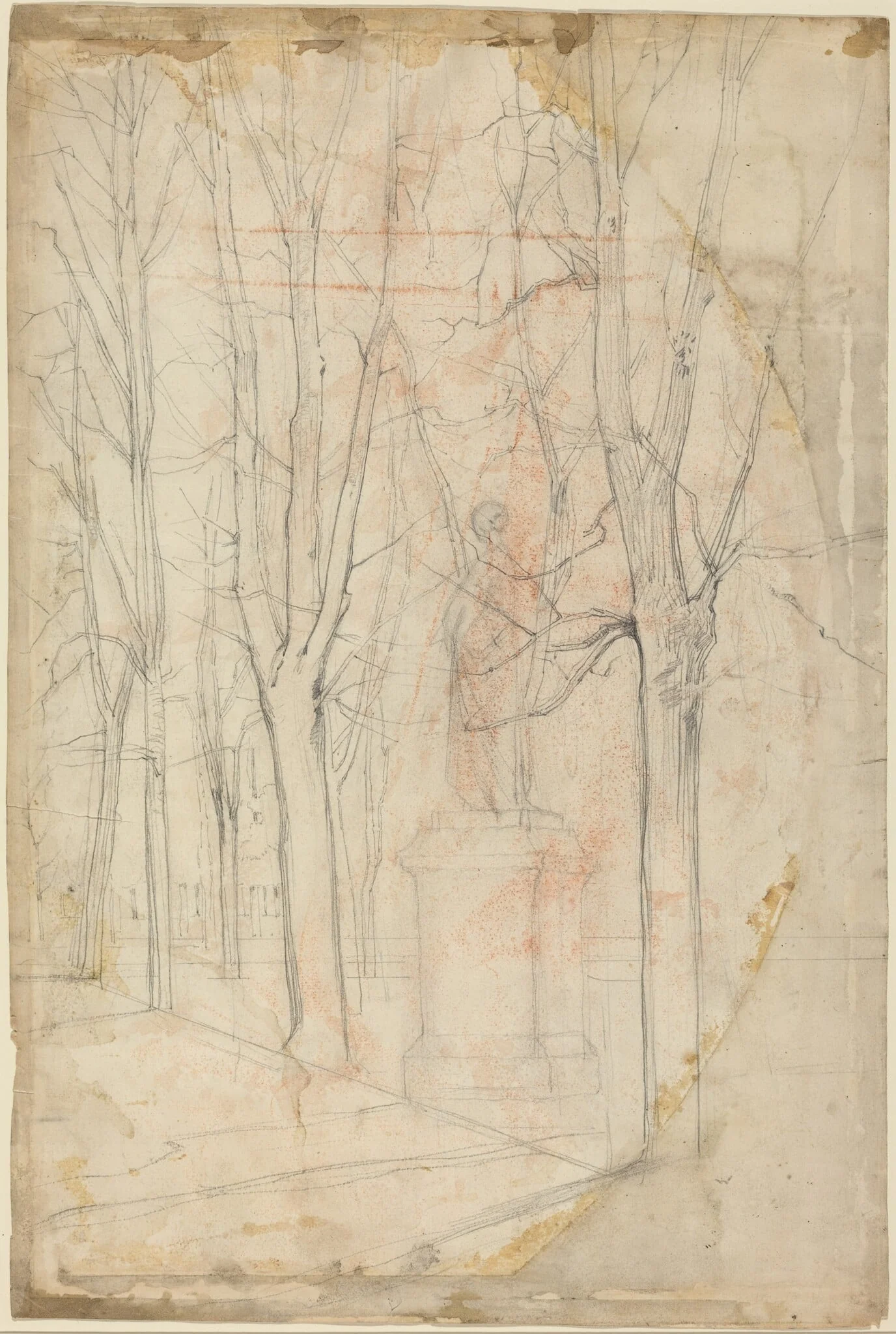 Sketch of Trees with a Statue on a Pedestal, detail
