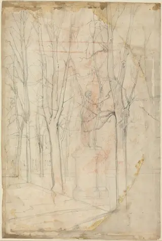 Sketch of Trees with a Statue on a Pedestal, by Félix-Hilaire Buhot, graphite, 1872