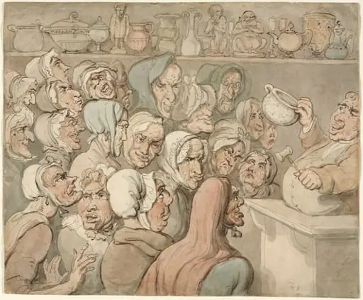 Old Maids at a Sale of Curiosities, by Thomas Rowlandson, 1799