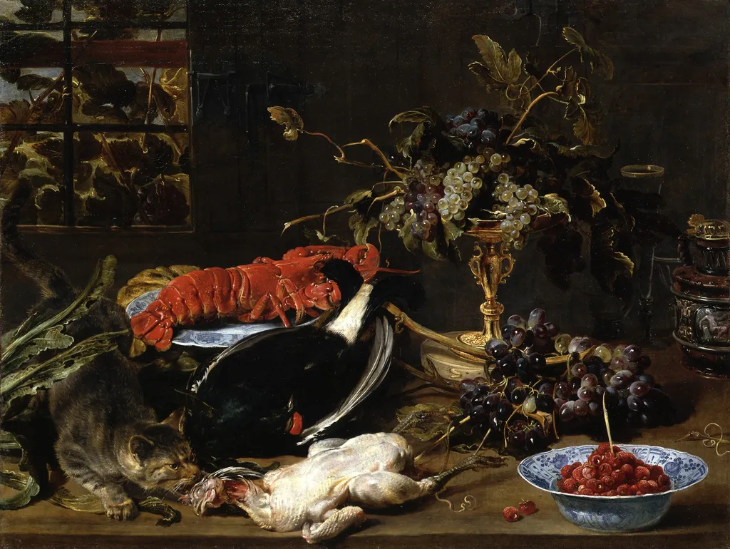 Still Life with Lobster and Fruits, by Frans Snyders, oil, 1613