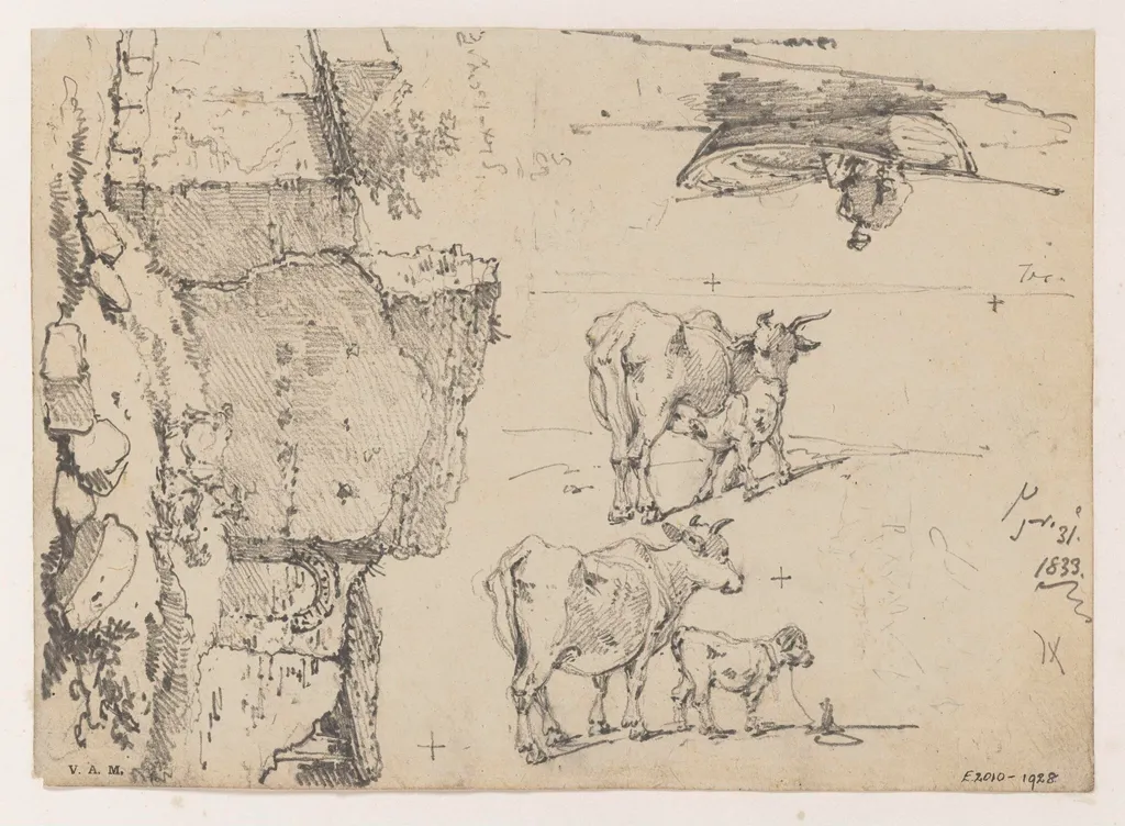 A ruined building, cattle, and a figure in a boat, by George Chinnery, 1833