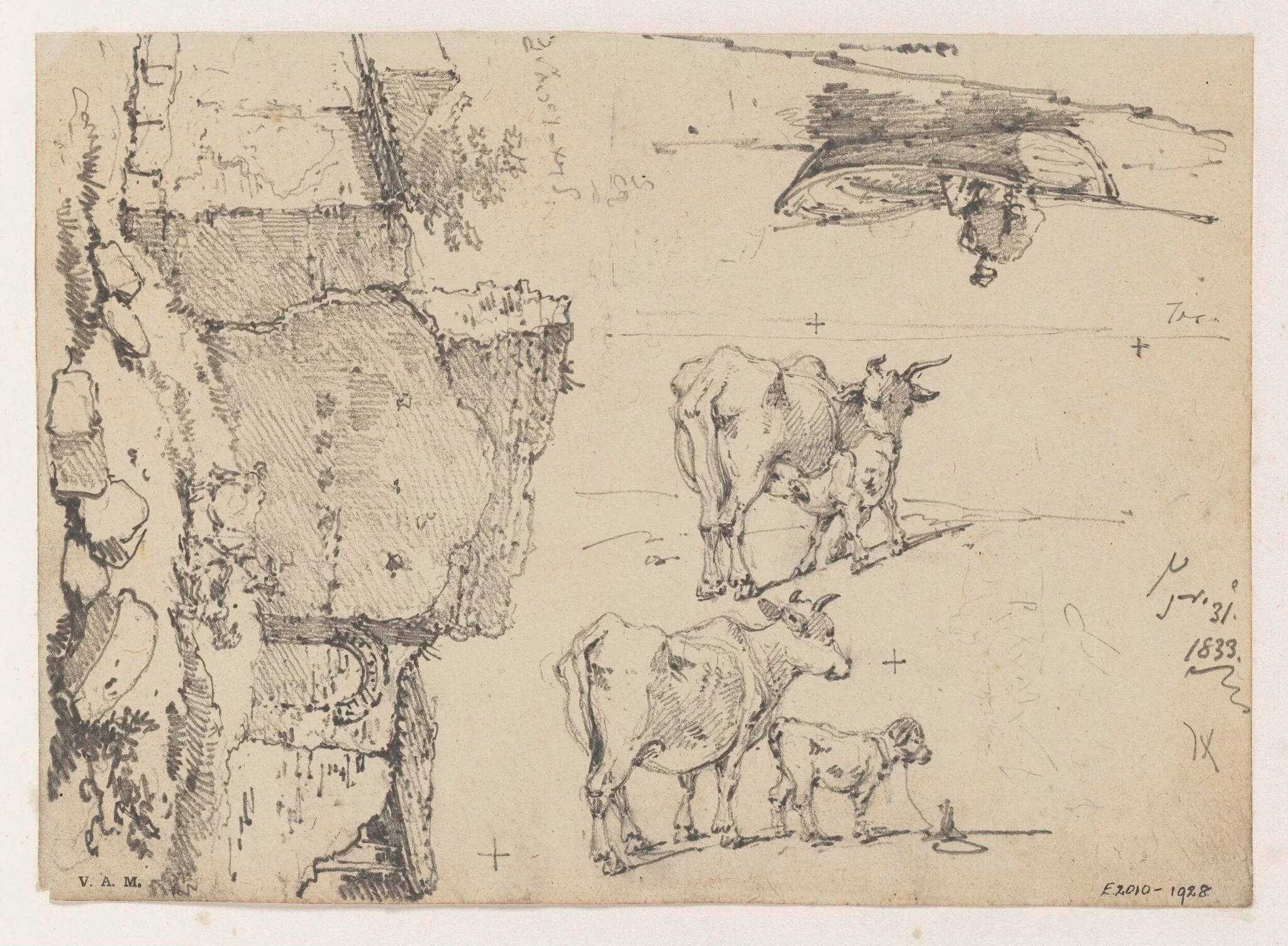 A ruined building, cattle, and a figure in a boat, detail