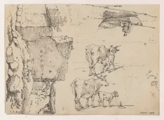 A ruined building, cattle, and a figure in a boat, by George Chinnery, 1833
