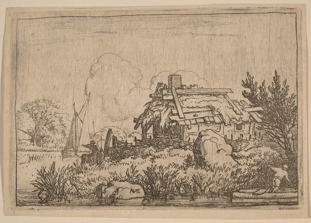 Ruined Cottage, Surrounded by Water, by Allart van Everdingen, ink, 1650