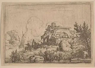 Ruined Cottage, Surrounded by Water, by Allart van Everdingen, ink, 1650