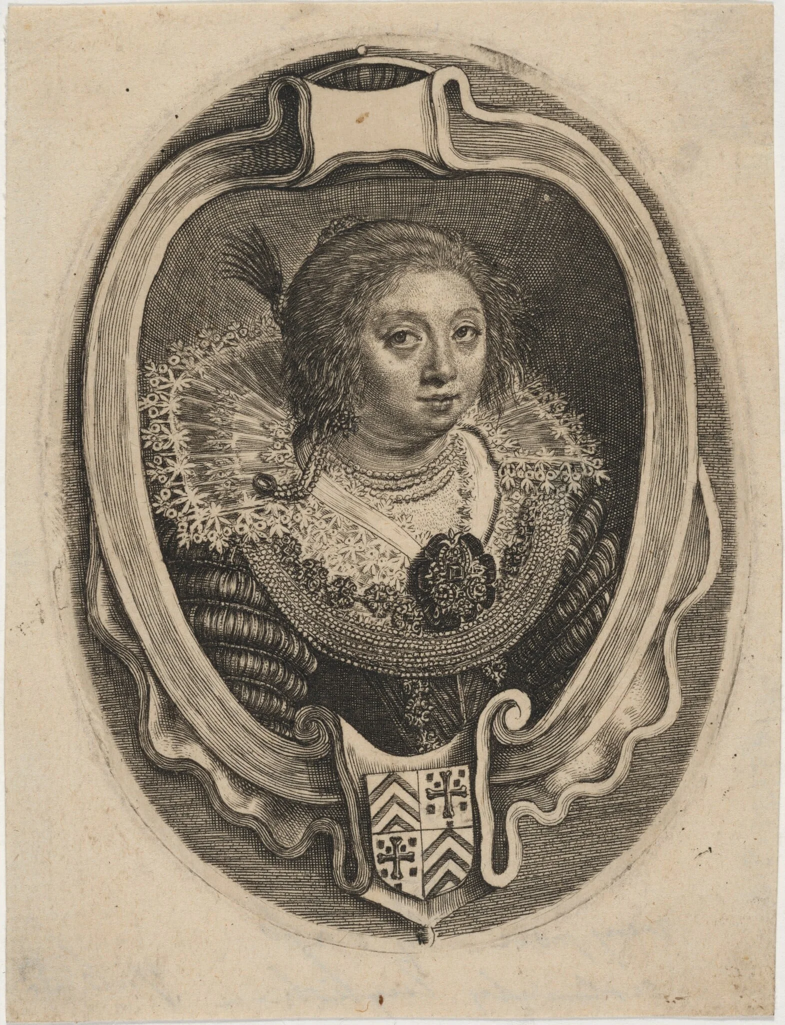 Portrait of a Woman in an Oval with Coat of Arms, detail