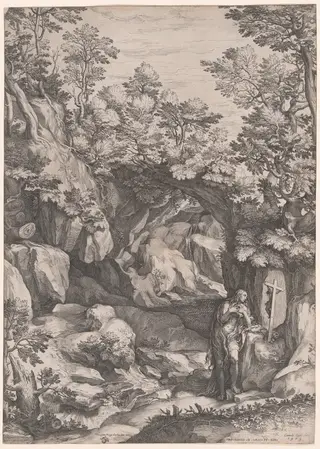 Landscape with a Penitent Magdalene, by Cornelis Cort, ink, 1573