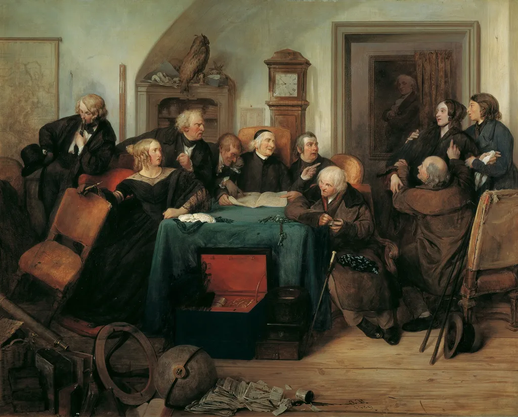 The Opening of the Will, by Josef Danhauser, oil, 1839