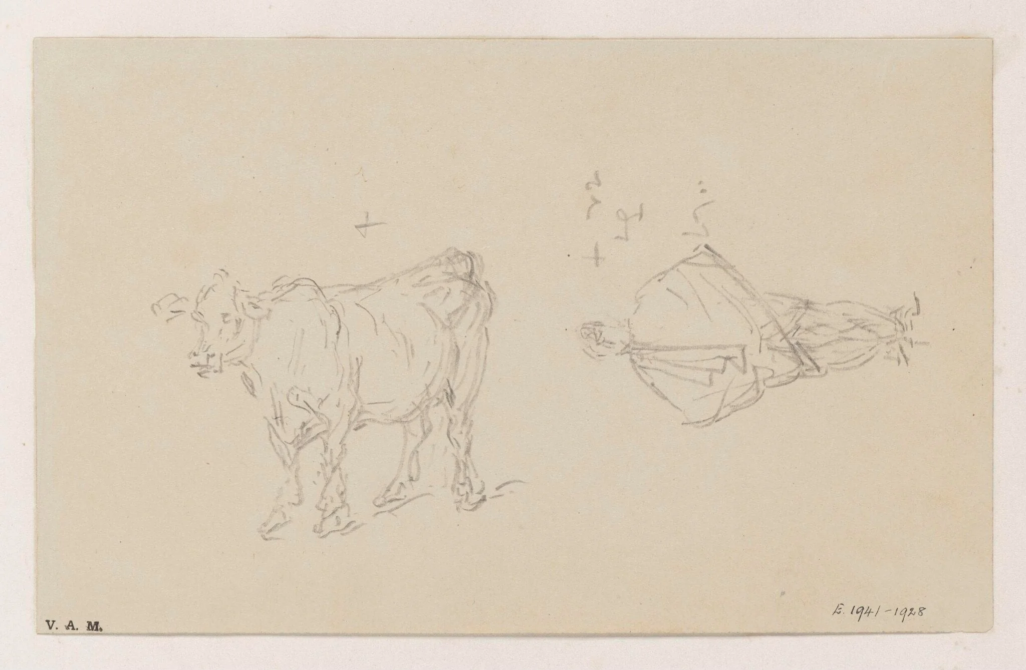 Drawings of a cow and a standing figure, detail