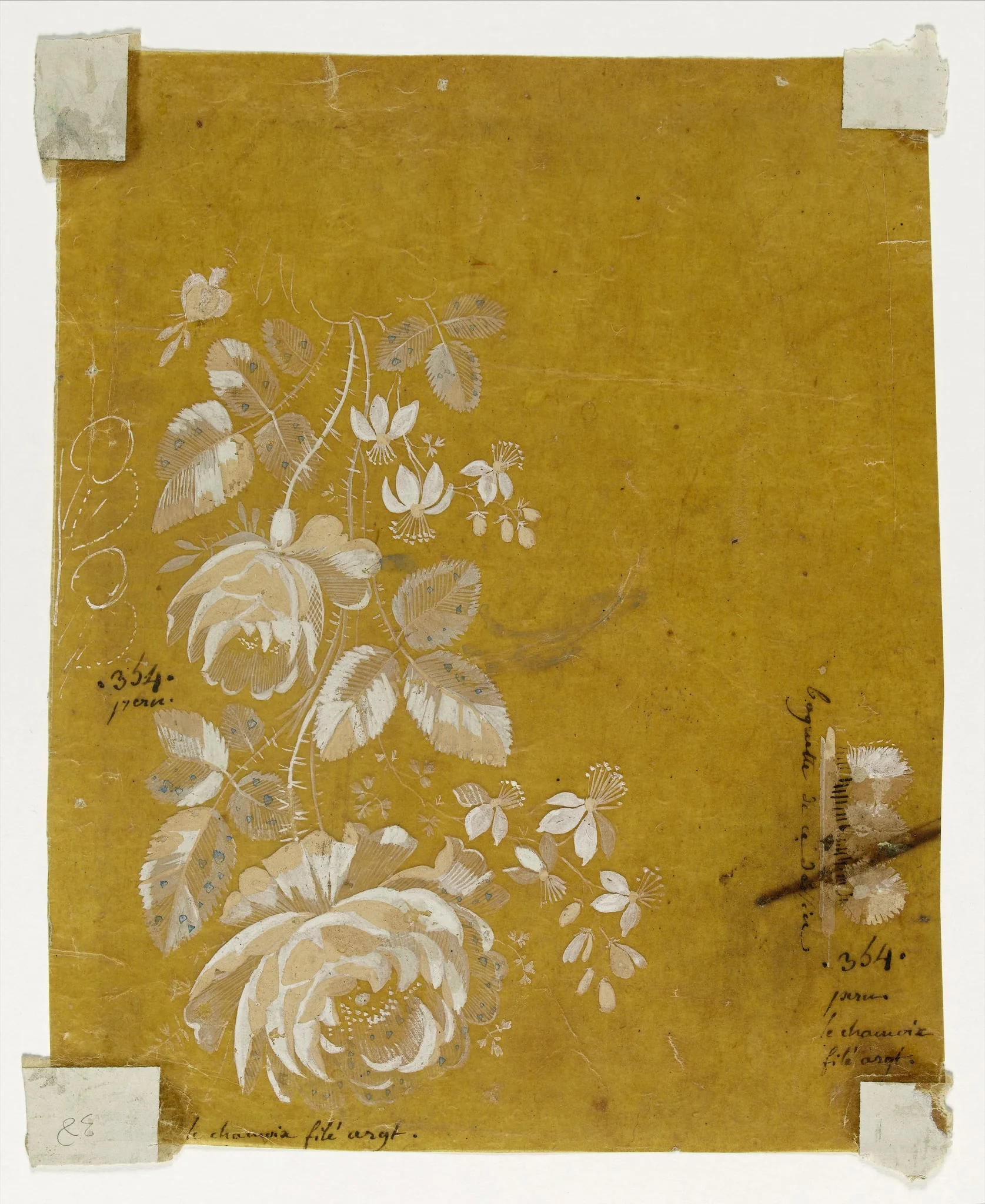 Bouquet de roses blanches pour étoffe, projets de broderies de gilet, XVIIIème siècle, detail