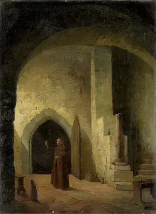Een monnik met een glas in de hand in een kelder, by F. Taupel, oil, 1850