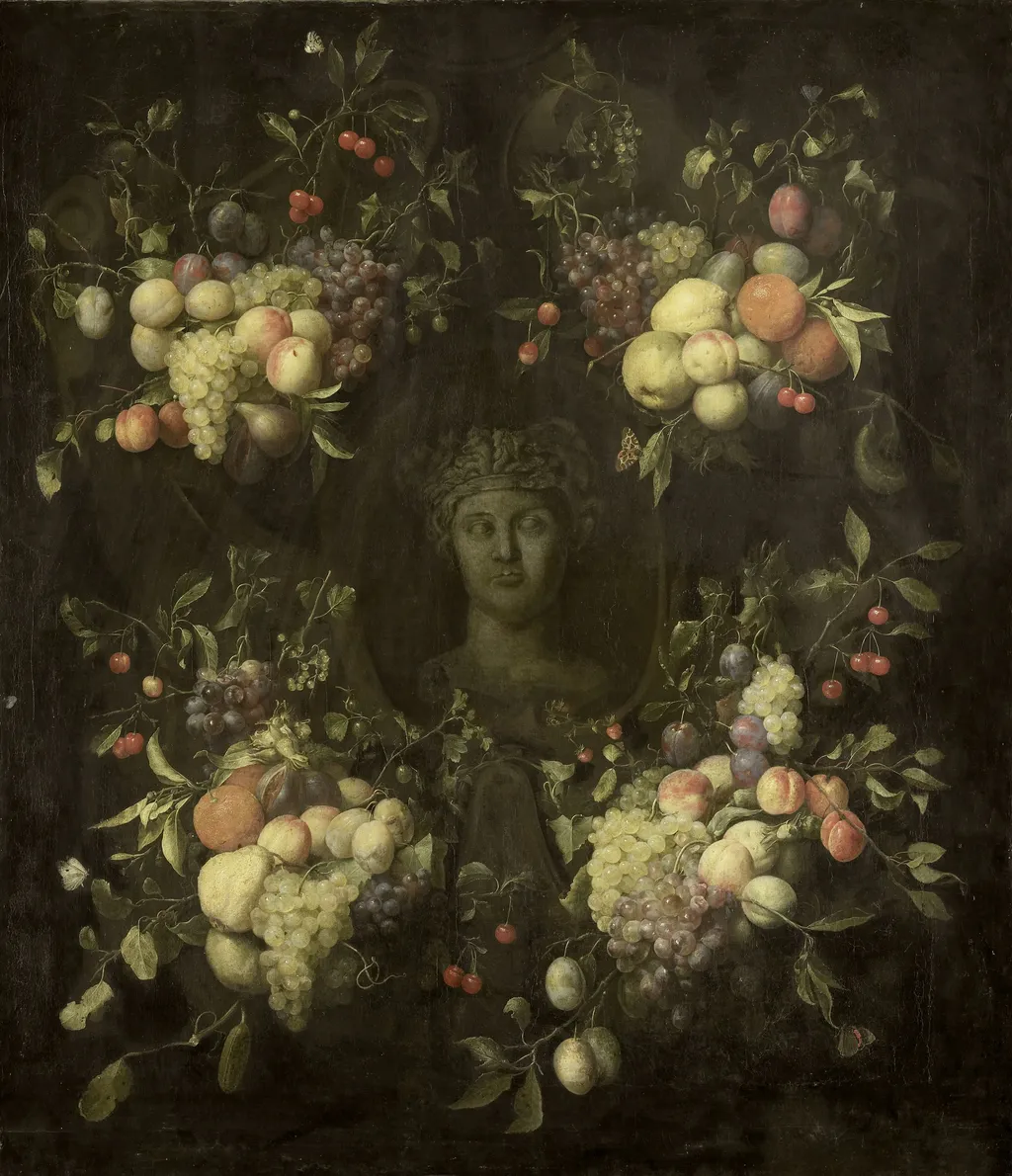 Marble Bust surrounded by a Festoon of Fruit, by Jan Frans van Son, oil, 1700