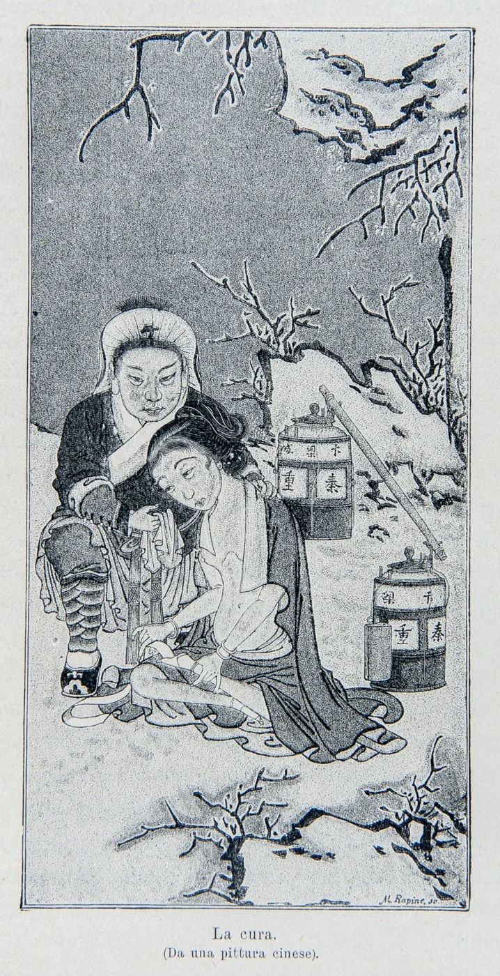 The treatment, (From a Chinese painting) signed by M. Rapine, detail