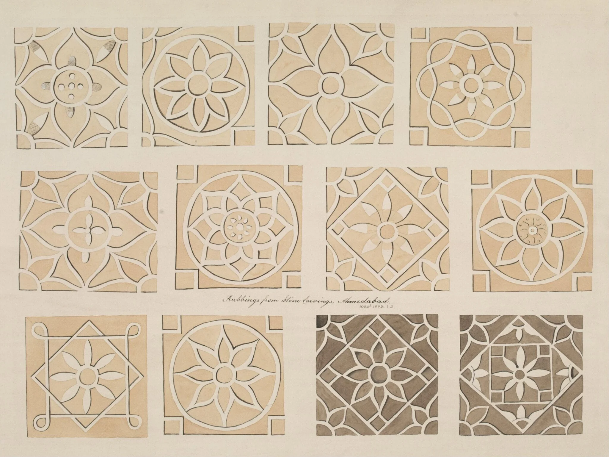 One of thirty drawings of details of architectural stone and mother-of pearl ornament taken from rubbings and moulds of monuments in Ahmedabad, the capital seat of the Ahmad, Shahi dynasty., detail
