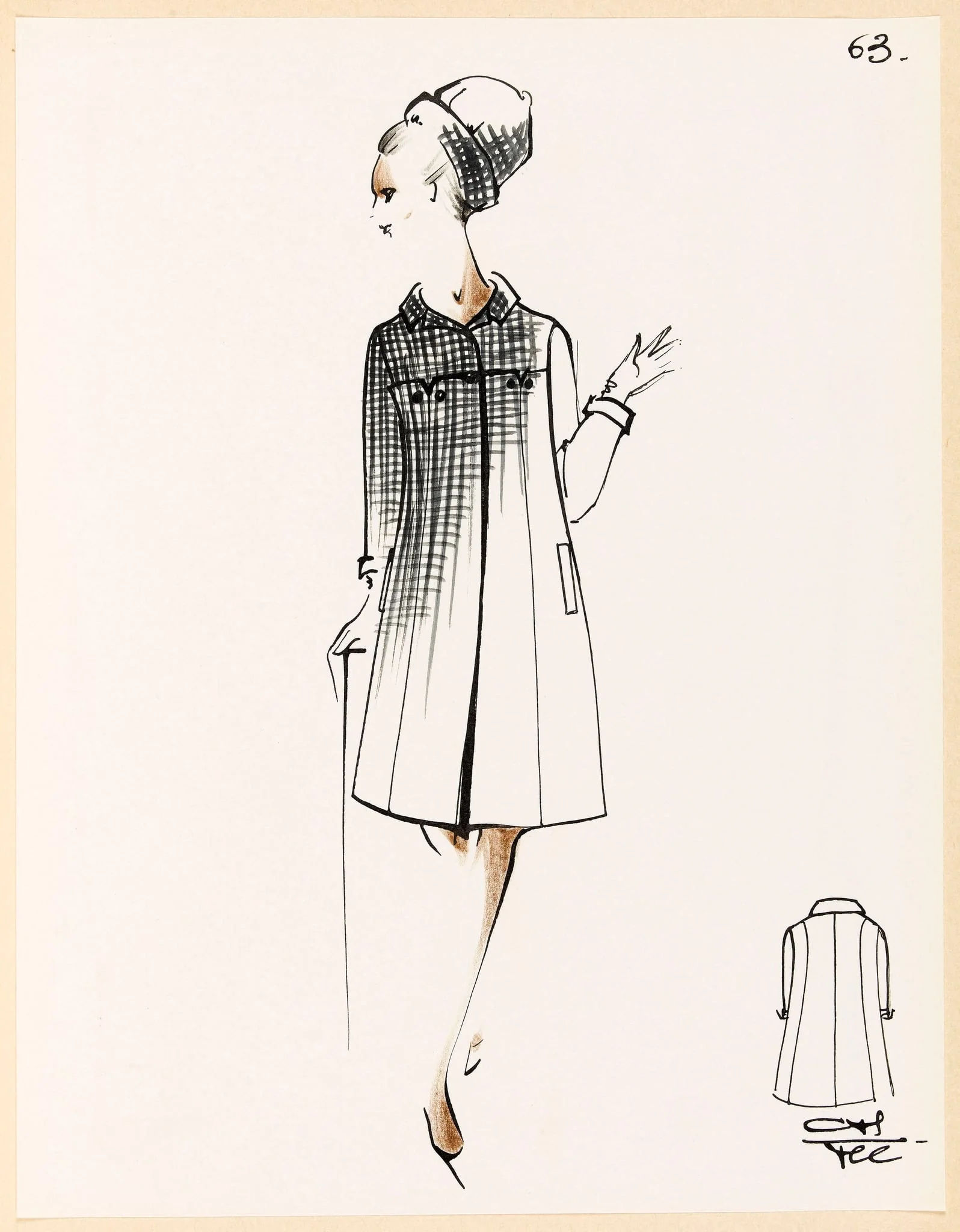 Manteau à petits carreaux noir et blanc et chapeau assorti, detail