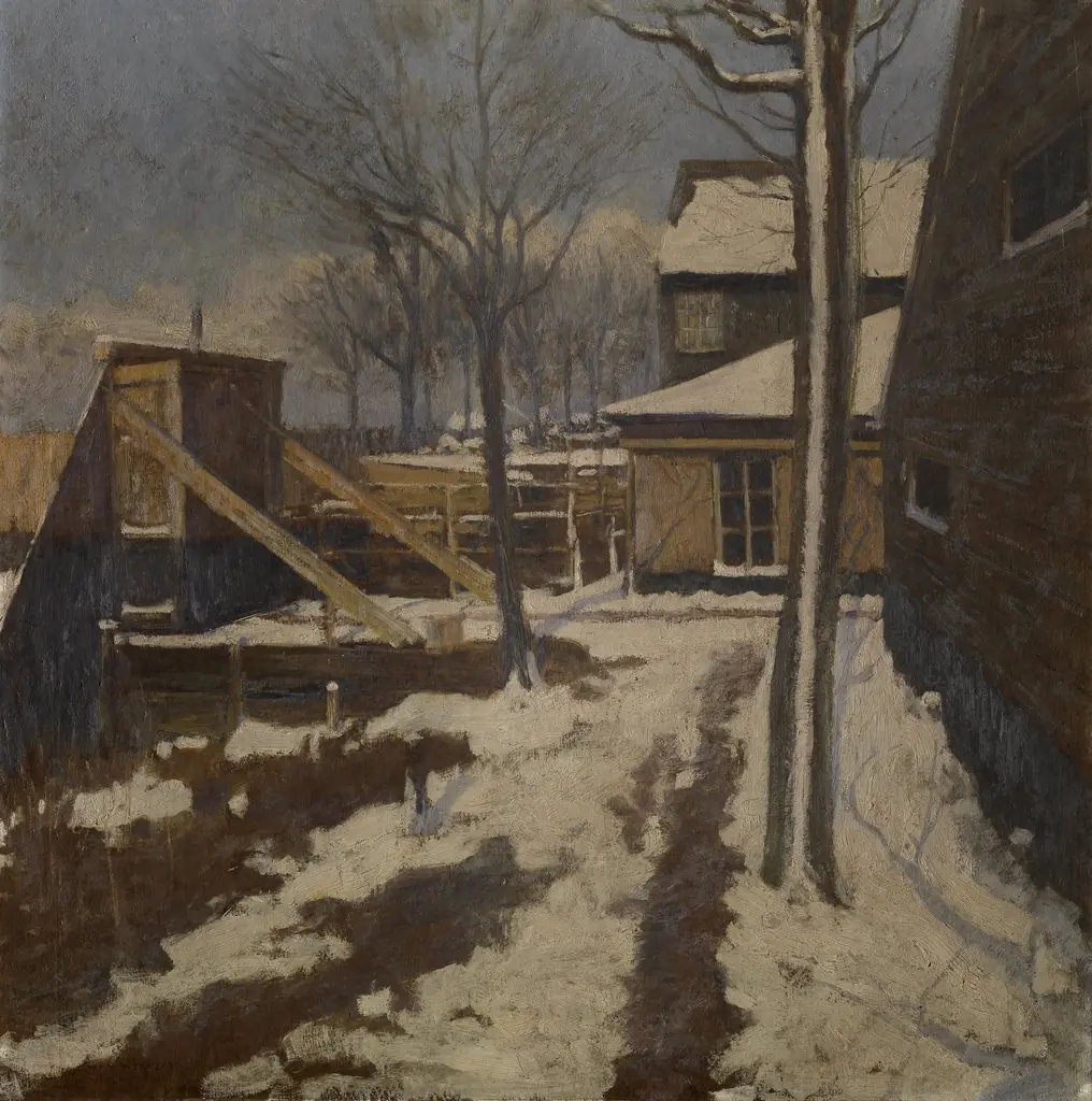 Snow on the left bank of the Scheldt river, by Charles Mertens, oil, 1902