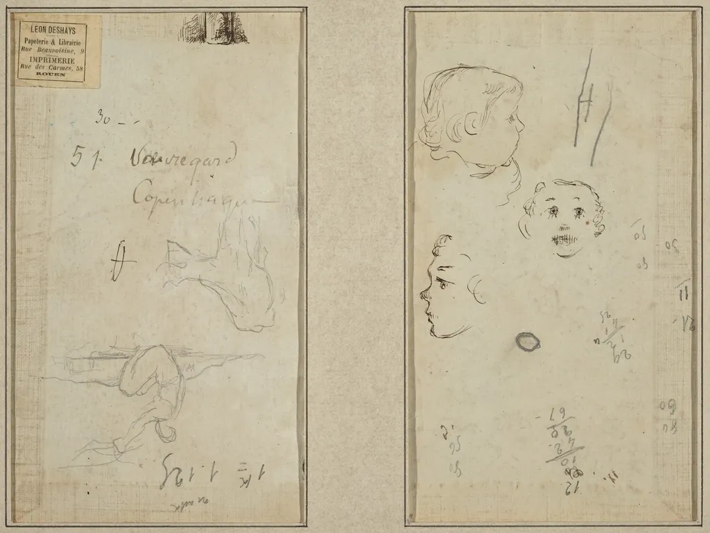 Seated Figure and a Cow; Three Studies of a Child's Head, by Paul Gauguin, ink, 1886