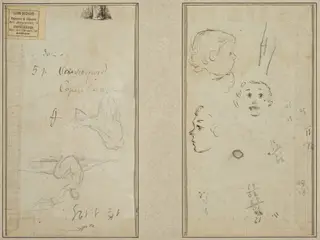 Seated Figure and a Cow; Three Studies of a Child's Head, by Paul Gauguin, ink, 1886