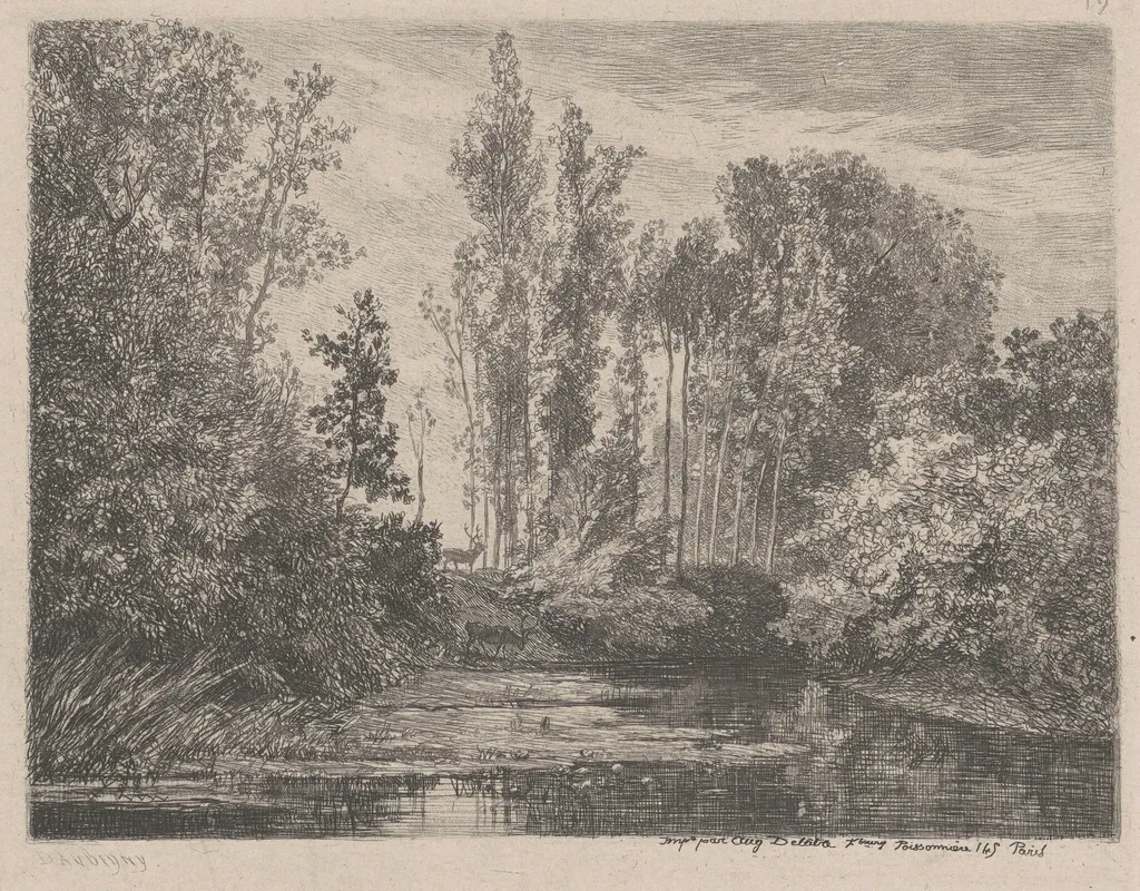 Stags at the Waterside, by Charles François Daubigny, ink, 1850