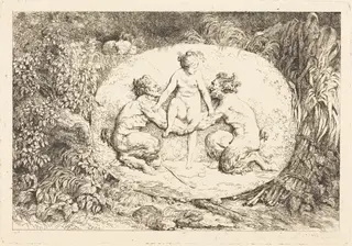 Nymph Supported by Two Satyrs (Nymphe s'asseyant sur les mains de deux satyres), by Jean Honoré Fragonard, ink, 1763