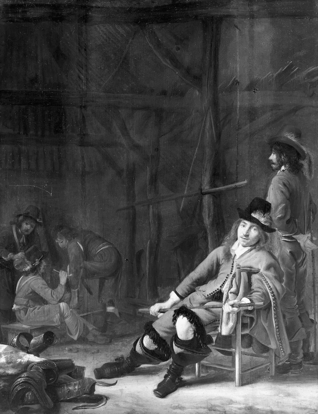 Resting soldiers in a stable, by Simon Kick, paint, 1648