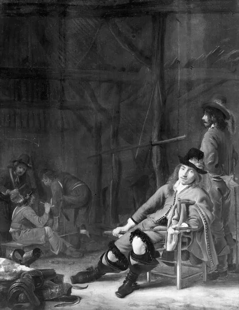 Resting soldiers in a stable, by Simon Kick, paint, 1648
