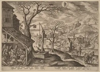 The Angel Telling Joseph to Flee and the Flight into Egypt, by Adriaen Collaert, ink, 1585