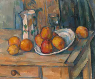 Still Life with Milk Jug and Fruit, by Paul Cézanne, oil, 1900
