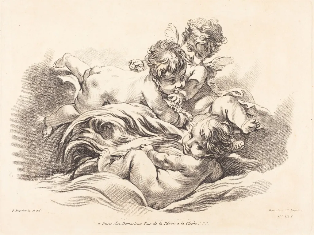 Three Cherubs Playing on Dolphin Like Wave, by Gilles Demarteau the Elder, chalk, 1749