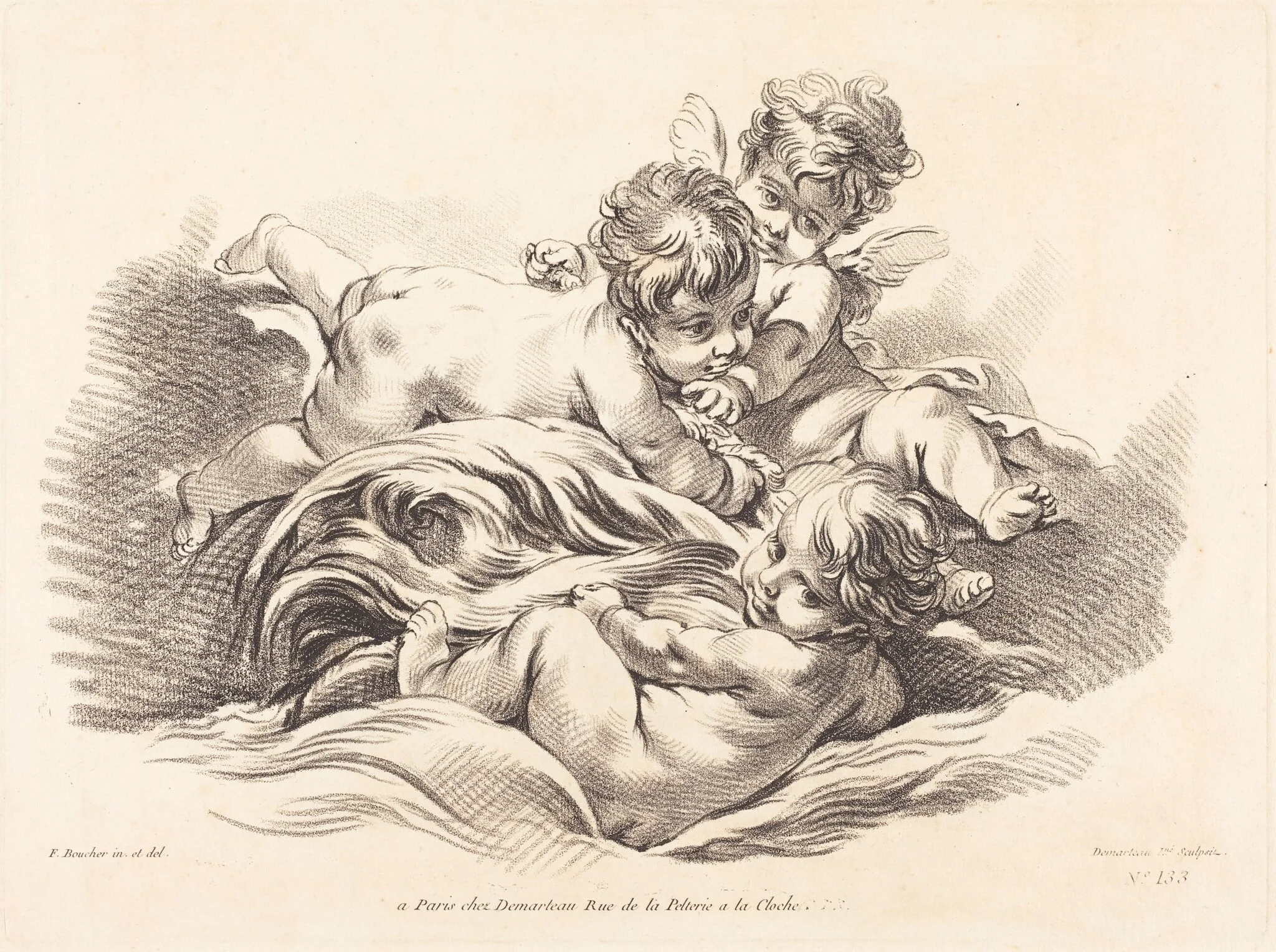 Three Cherubs Playing on Dolphin Like Wave, detail