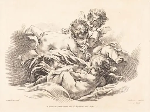 Three Cherubs Playing on Dolphin Like Wave, by Gilles Demarteau the Elder, chalk, 1749