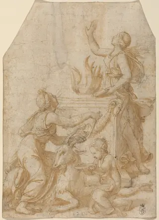 The Sacrifice of a Goat to Jupiter, by Giulio Romano, chalk, 1528