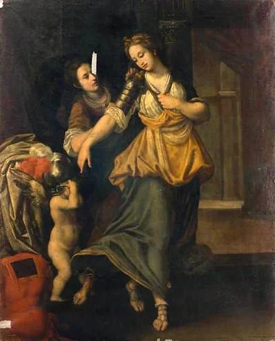 Erminia läßt sich von ihrer Dienerin Clorinda die Rüstung anlegen, detail