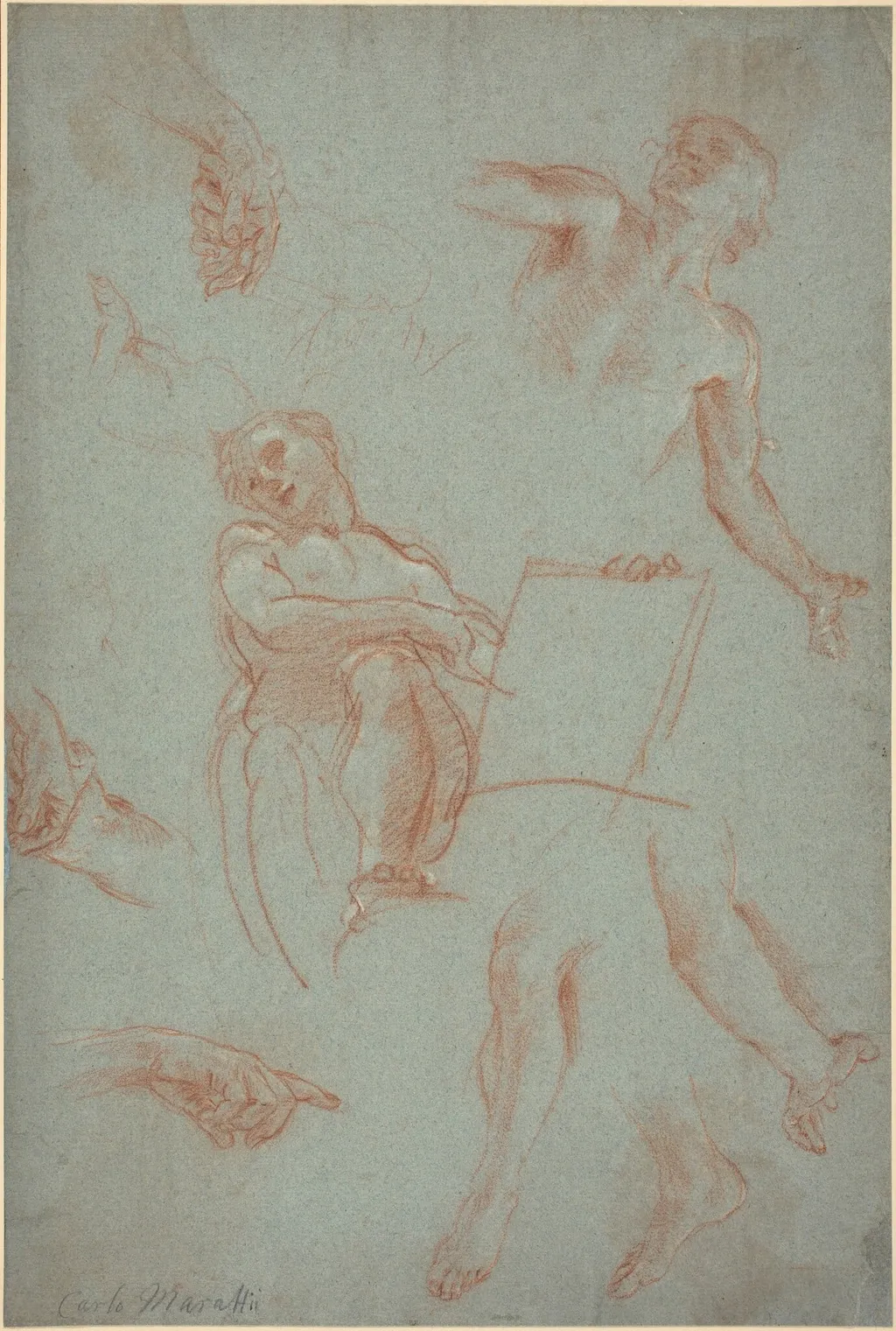 Sheet of Studies with Figures, Hands, and Feet, by Agostino Masucci, chalk, 1669