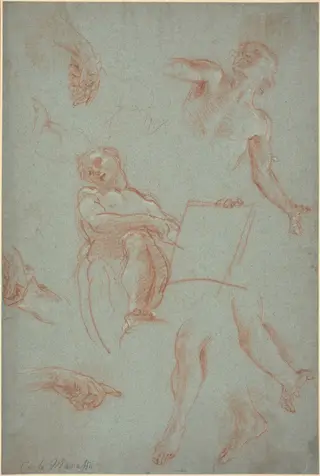 Sheet of Studies with Figures, Hands, and Feet, by Agostino Masucci, chalk, 1669