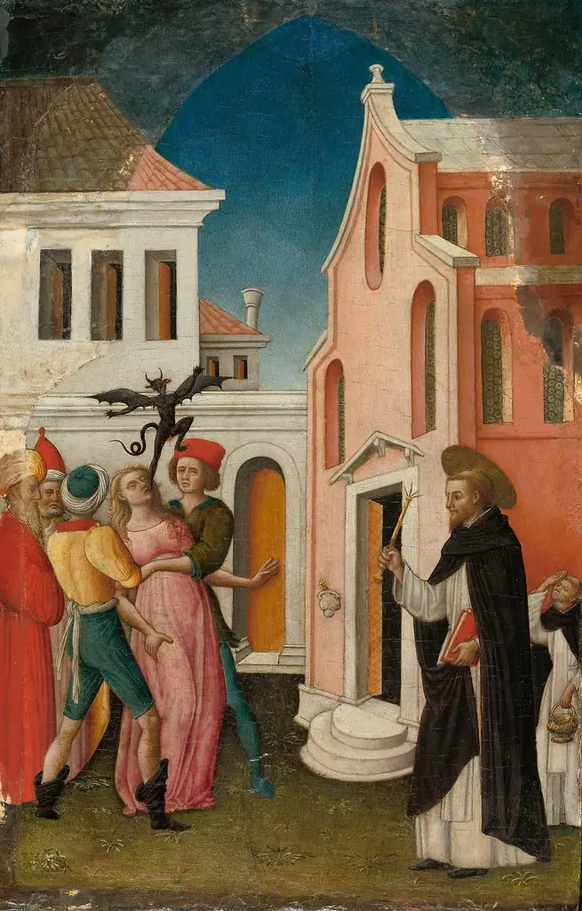 Saint Peter Martyr Exorcizing a Woman Possessed by a Devil, by Antonio Vivarini, unspecified, 1447