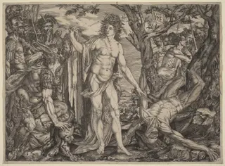 Apollo and Marsyas, by Master MF, ink, 1536