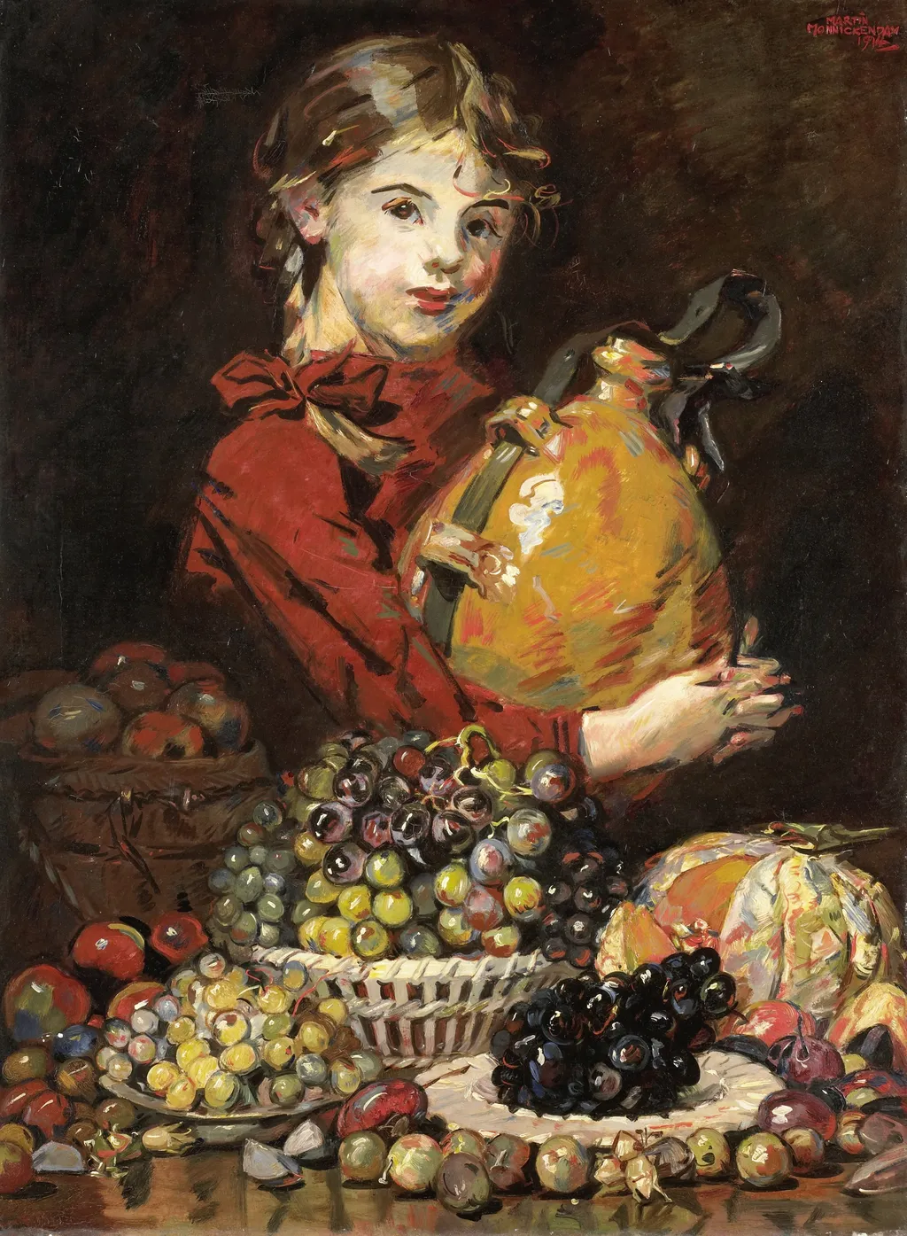 Monarosa, dochter van de schilder, als fruitverkoopster, by Martin Monnickendam, oil, 1914
