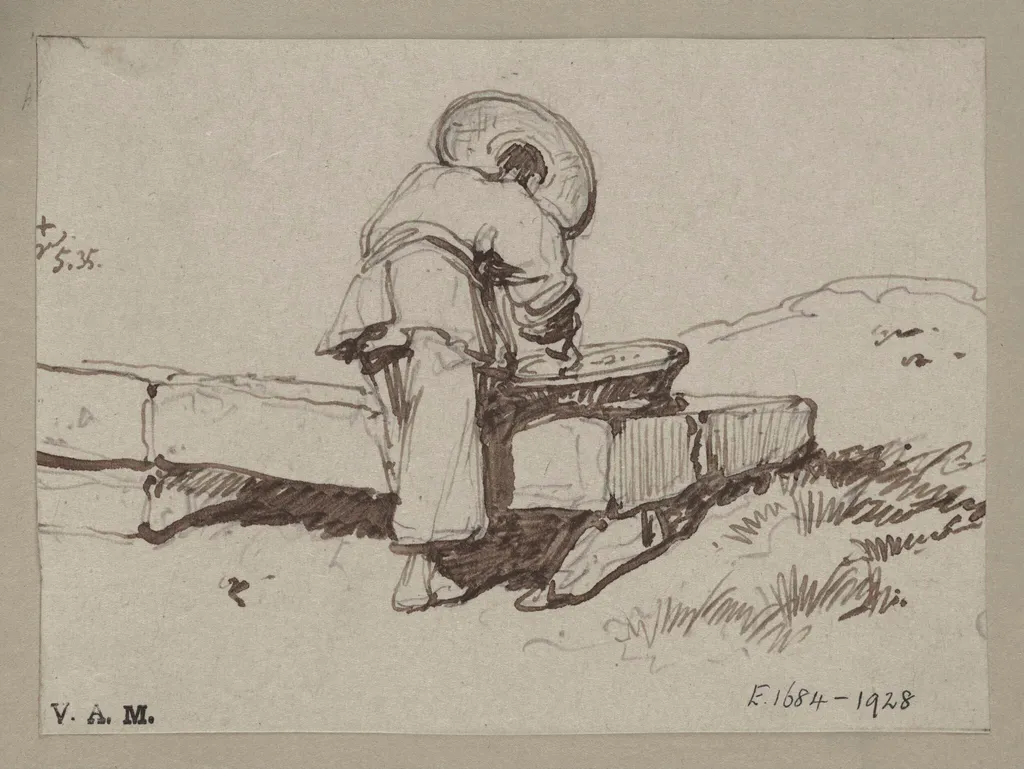 A Chinese man leaning over a basket placed on a stone block, by George Chinnery, 4