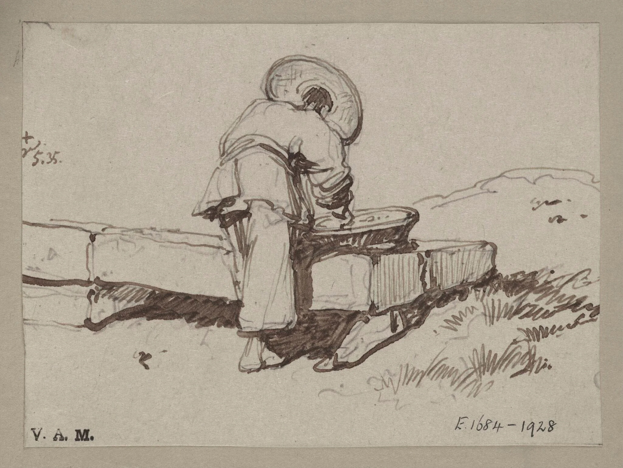A Chinese man leaning over a basket placed on a stone block, detail