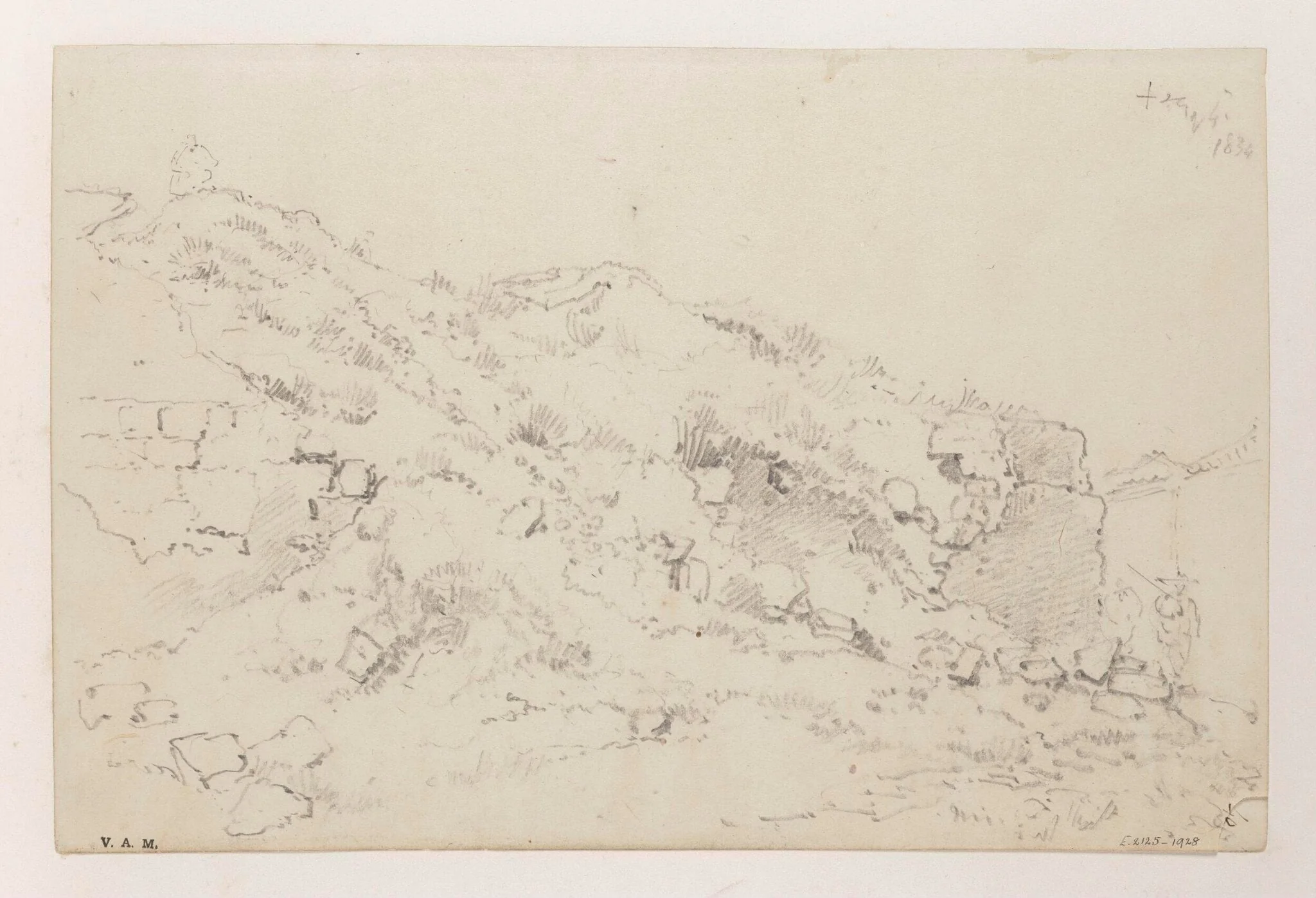 A hillside with ruined masonry, detail