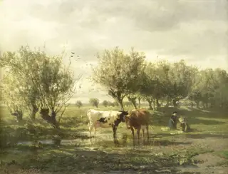 Cows at a pond, by Gerard Bilders, oil, 1860