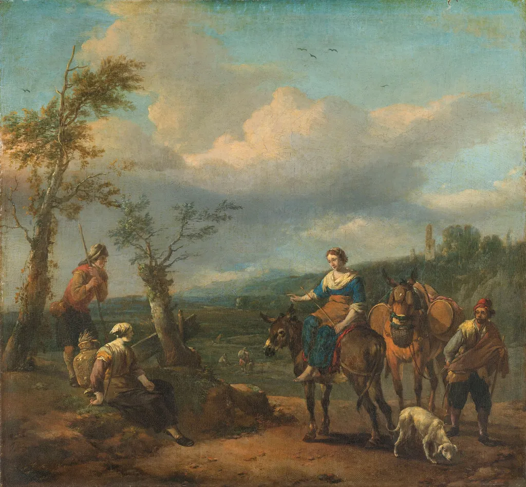 Italian landscape with figures, by Johannes Lingelbach, oil, 1650