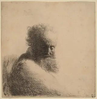 Bust of an Old Bearded Man, Looking Down, Three Quarters Right, by Rembrandt van Rijn, ink, 1631